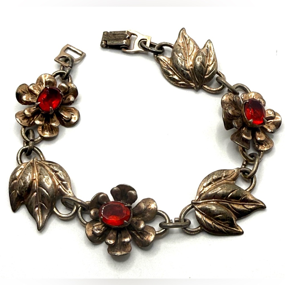 Vintage Gold Over Sterling Floral Bracelet w/ Red Glass Stones Retro 1940s 1950s